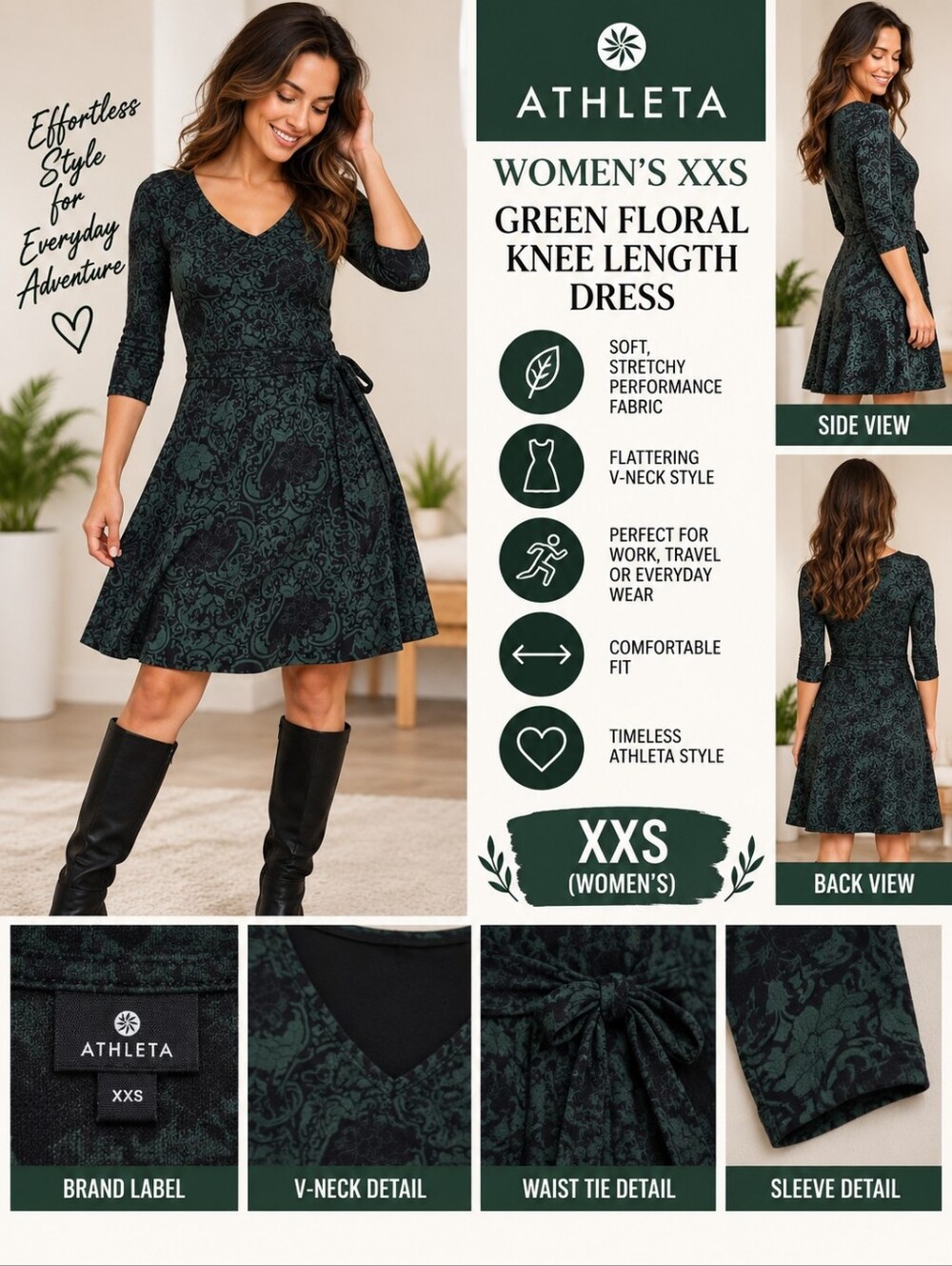Athleta Women's XXS green floral knee length dress #34